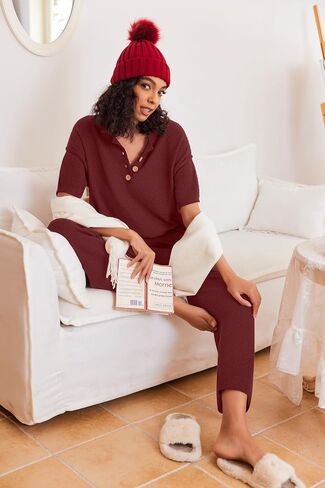 Ekouaer Women's 2 Piece Sweater Sets Knit Pullover Tops and Wide Leg Pants Loose Tracksuit Lounge Set Outfits Rosy, XL in Saudi Arabia