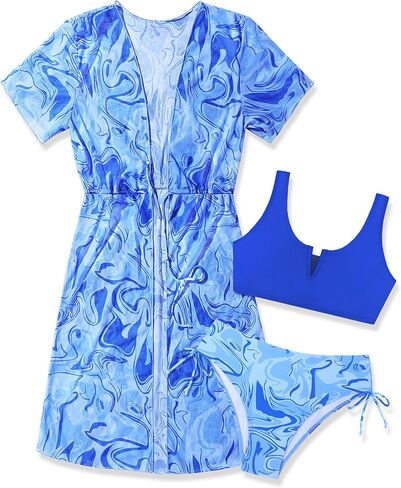 Girls Swimsuit 3 Piece Bikini Set Quick Dry Swimwear Sun Protection Girls Bathing Suit Cover Up Size 7-16 Years in Saudi Arabia