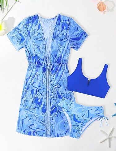 Girls Swimsuit 3 Piece Bikini Set Quick Dry Swimwear Sun Protection Girls Bathing Suit Cover Up Size 7-16 Years in Saudi Arabia