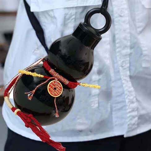 زجاجة مياه على شكل قرع 800 مل/28 أونصة زجاجة مياه على شكل قرع مع هراوة ذهبية صغيرة وعملة نحاسية وحبل تزيين وملصقات DIY زجاجة قرع مستوحاة من الطراز القديم الصيني in Kuwait