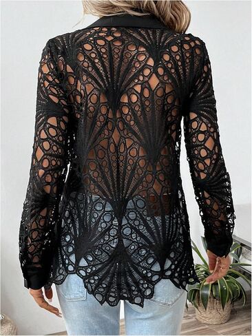 GORGLITTER Women's Sheer Hollow Out Button Down Blouse Long Sleeve Collar Trendy Fall Shirt Tops in Saudi Arabia