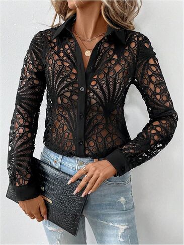GORGLITTER Women's Sheer Hollow Out Button Down Blouse Long Sleeve Collar Trendy Fall Shirt Tops in Saudi Arabia