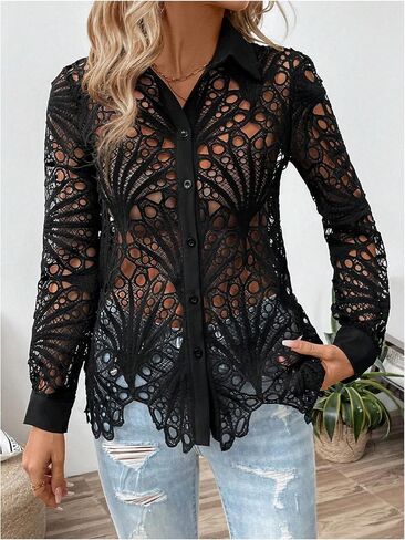 GORGLITTER Women's Sheer Hollow Out Button Down Blouse Long Sleeve Collar Trendy Fall Shirt Tops in Saudi Arabia