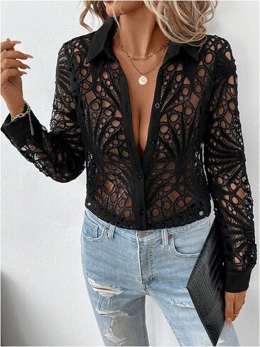 GORGLITTER Women's Sheer Hollow Out Button Down Blouse Long Sleeve Collar Trendy Fall Shirt Tops in Saudi Arabia