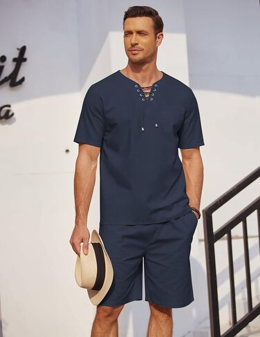COOFANDY Men Linen Short Set 2 Piece Beach Lace Up Shirts Elastic Waist Shorts Outfit in Saudi Arabia
