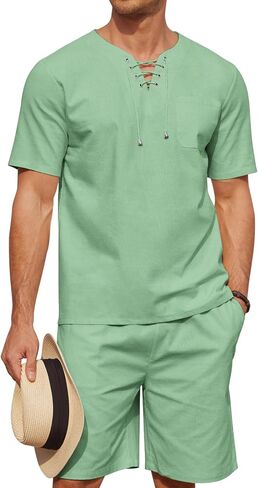 COOFANDY Men Linen Short Set 2 Piece Beach Lace Up Shirts Elastic Waist Shorts Outfit in Saudi Arabia
