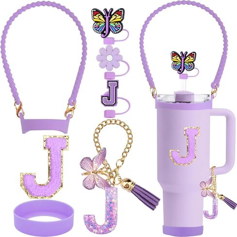 8PCS Accessories Set for Stanley Cup, 3PCS 0.4 IN Letter Straw Cover, 1PC Silicone Bottle Handle, 1PC Boot for Stanley 30&40 Oz, 1PC Initial Charm, 1PC Initial Sticker (Letter L, Rose) in Saudi Arabia
