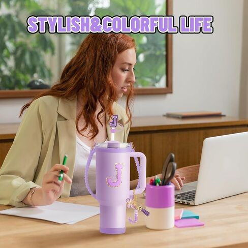 8PCS Accessories Set for Stanley Cup, 3PCS 0.4 IN Letter Straw Cover, 1PC Silicone Bottle Handle, 1PC Boot for Stanley 30&40 Oz, 1PC Initial Charm, 1PC Initial Sticker (Letter L, Rose) in Saudi Arabia
