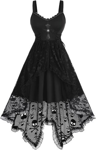 Rosegal Women Plus Size Gothic Lace-up PU Cross Skulls Lace Panel Asymmetrical High Low Midi Dress Rivets Straps Punk Dress in Saudi Arabia