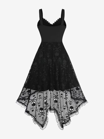 Rosegal Women Plus Size Gothic Lace-up PU Cross Skulls Lace Panel Asymmetrical High Low Midi Dress Rivets Straps Punk Dress in Saudi Arabia