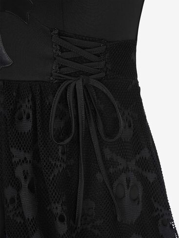 Rosegal Women Plus Size Gothic Lace-up PU Cross Skulls Lace Panel Asymmetrical High Low Midi Dress Rivets Straps Punk Dress in Saudi Arabia