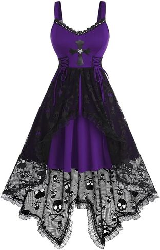 Rosegal Women Plus Size Gothic Lace-up PU Cross Skulls Lace Panel Asymmetrical High Low Midi Dress Rivets Straps Punk Dress in Kuwait