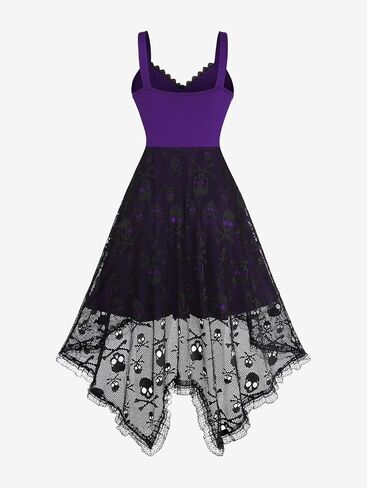 Rosegal Women Plus Size Gothic Lace-up PU Cross Skulls Lace Panel Asymmetrical High Low Midi Dress Rivets Straps Punk Dress in Kuwait