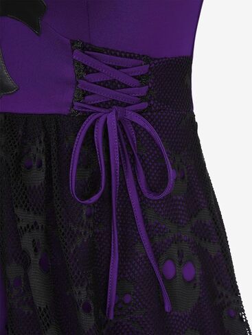 Rosegal Women Plus Size Gothic Lace-up PU Cross Skulls Lace Panel Asymmetrical High Low Midi Dress Rivets Straps Punk Dress in Kuwait