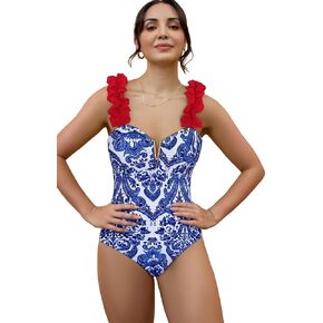 SPORLIKE Women One Piece Swimsuit Ruffle V-Neck Bathing Suit Adjustable Straps Swimwear Padded Monokini