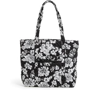 Vera Bradley Cotton Collegiate Vera Tote Bag (Multiple Teams Available), Black/White Rain Garden