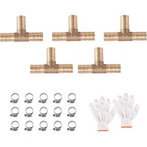 Tee Fittings 5 Pcs 3/8 inch (10 mm) Brass Hose Equal Tee Barb Fitting Hose Repair Kit with Hose Clamps for Fuel Gas Liquid Air