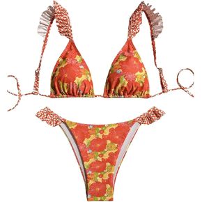 MakeMeChic Women's Two Piece Bikini Set Floral Ruffle Triangle Tie Back Swimsuits Bathing Suit