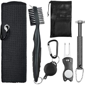 Golf Club Cleaner Set, Golf Towel, Golf Club Brush, Golf Club Groove Sharpener and Divot Repair Tool with Golf Pouch Bag, Golf Accessories for Men, Golf Ball Cleaner, black