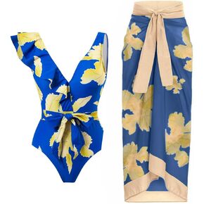 Women Swimwear Two Piece Set Swim Dress Tops Vintage Print Swimsuit Monokini Bikini Set
