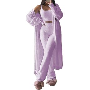 Linsery Women Cozy 3 Piece Lounge Sets Fuzzy Crop Vest Wide Leg Pants Sherpa Pajamas Fuzzy Three Piece Outfits Purple S in Kuwait