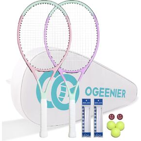 OGEENIER 27" Tennis Racket Set for Adults, Pre-Strung Tennis Racquets for Beginners, 2-Player Recreational Tennis Set with 3 Balls, 2 Vibration Dampers, 2 Grips, 1 Tennis Bag