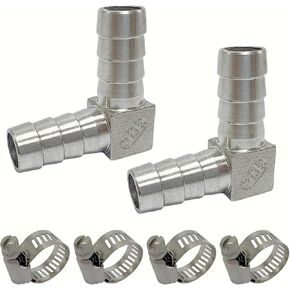 304 Stainless Steel Hose Barb Fitting 90 Degree Elbow Right Angle L Shaped Connector 1" Barbed x 1" Barbed with 4pcs Hose Clamps (Pack of 2)