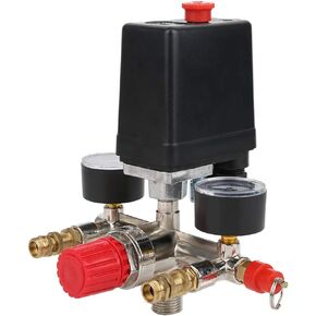 Pressure Switch Manifold Regulator for Air Compressor, Metric 90-120PSI Adjustable Double Outlet Tube Control Valve, Dual Horizontal Switch Gauges Normally Closed
