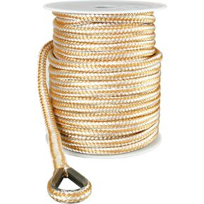 Amarine Made 3/8" x 100' Anchor Line, Heavy Duty Double Braid Nylon Anchor Rope with Stainless Steel Thimble-White/Gold