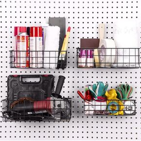 ZENFUN 4 Pack Pegboard Baskets, 4 Size Hanging Wall Basket Bin, Metal Wire Shelf Baskets for Organizing Various Tools, Workbench, Accessories, Garage Storage, Wall Mount Organizer, Black