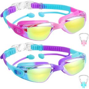 Vvinca Kids Swim Goggles, 2 Packs Swimming Goggles with Earplugs& Nose Clip Anti Fog/UV Goggles for Kids Youth Teens Age 3-15