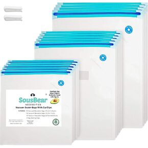 SousBear Reusable Sous Vide Bags pt, qt, gal 30count Resealable Vacuum Zipper Bags, Great for vac storage, Meal Prep, Commercial Grade