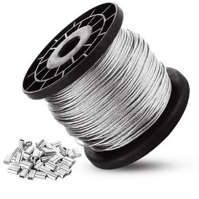 CertBuy 1/16" Wire Rope, 304 Stainless Steel Wire Cable, 328ft Length Aircraft Cable with 150Pcs Crimping Sleeves, 7x7 Strand Core, 350LB Breaking Strength Cable and Wire Rope for Outdoor Yard Craft