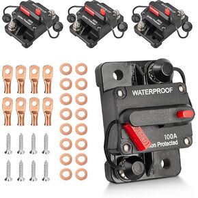 RED WOLF 4 Pack 100Amp Circuit Breaker Manual Reset Switch w/6 AWG 1/4" Battery Wire Lug Ring Terminal for Car Stereo Solar Power Systems Automotive ATV Marine Boat Trolling Motor Waterproof 12-48V DC