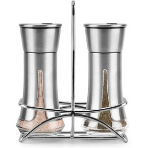 Aelga Salt and Pepper Shakers with Holder, Salt Shaker for the Kitchen with Adjustable Pour Holes for Himalayan, Kosher, and Sea Salts