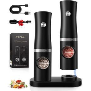 FORLIM Rechargeable Electric Salt and Pepper Grinder Set with Charging Base, Automatic Pepper Mill, Adjustable Coarseness, White LED Light, USB Type-C Cable, One Hand Operation, 2 Mills