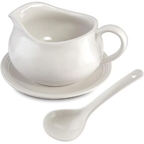 24 Oz Gravy Boat | Ceramic White Gravy Dish Set | Includes Gravy Boat, Saucer and Spoon (White)