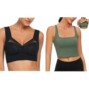 WOWENY Womens Seamless Wirefree Bras Longline Sports Bras for Women Black+Green L