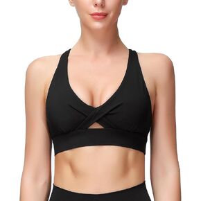 MotoRun Racerback Sports Bras for Women Sexy Front Cross Workout Padded Gym Running Yoga Bra