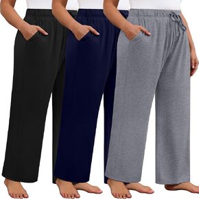 Neer 3 Pack Women's Plus Size Wide Leg Pants High Waisted Lounge Yoga Pants Baggy Drawstring Palazzo Sweatpants with Pockets(Black, Navy Blue, Light Gray,XX-Large)