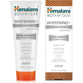 Himalaya Botanique Whitening+ Hydroxyapatite (nHA) Toothpaste, Extra Strength with 10% Hydroxyapatite, for Whiter Teeth & Fresher Breath, Mint Flavor, Fluoride-Free, SLS Free & Vegan, 3 oz.