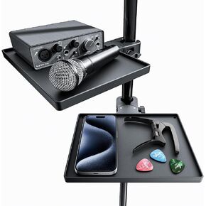 Microphone Stand Plastic Tray, Mic Stand Clamp-On Rack Tray Holder for Most Mic Stands, for Stage, Live Streaming, Concert Performance, Karaoke (9" x 6.6") (【Black 】x 2pcs)