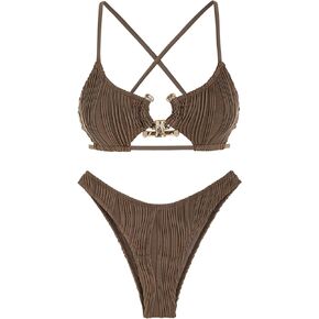 ZAFUL Women's Cutout Bikini Criss Cross Textured Metal High Leg Bikini Sets Cheeky Bikini Two Piece Swimsuit