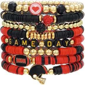 Blue Drop Football Bracelets for Women Men Game Day Bracelets Heishi Polymer Clay Beaded Stackable Bracelets Rugby Football Fans Sports Outfits Jewelry