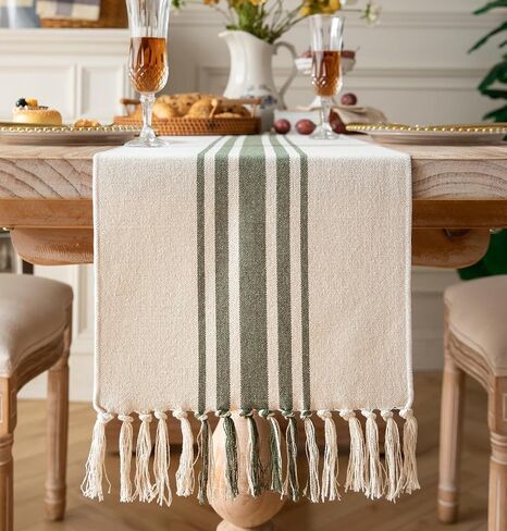 Caflife Boho Table Runner for Modern Farmhouse Decor, Dining Table décor 13 x 90 Inch Long, Coffee Table Runner with Handcrafted Tassels, Green and Beige Stripe Table Runner for Home Boho décor in Kuwait