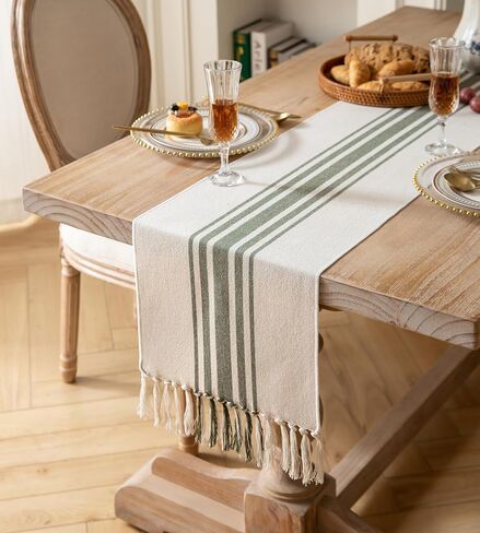 Caflife Boho Table Runner for Modern Farmhouse Decor, Dining Table décor 13 x 90 Inch Long, Coffee Table Runner with Handcrafted Tassels, Green and Beige Stripe Table Runner for Home Boho décor in Kuwait