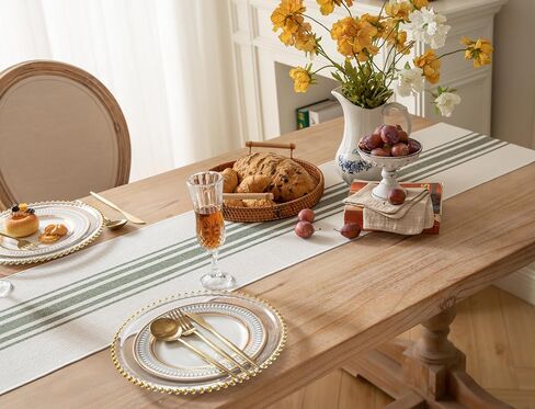 Caflife Boho Table Runner for Modern Farmhouse Decor, Dining Table décor 13 x 90 Inch Long, Coffee Table Runner with Handcrafted Tassels, Green and Beige Stripe Table Runner for Home Boho décor in Kuwait