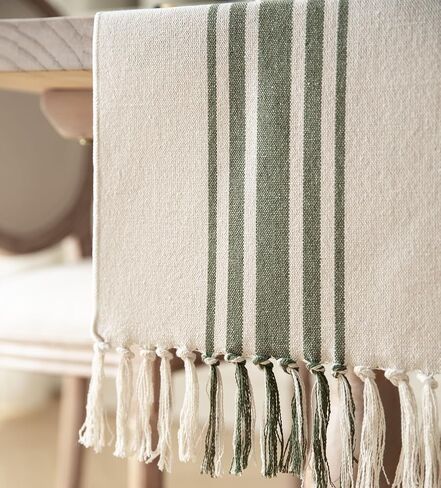 Caflife Boho Table Runner for Modern Farmhouse Decor, Dining Table décor 13 x 90 Inch Long, Coffee Table Runner with Handcrafted Tassels, Green and Beige Stripe Table Runner for Home Boho décor in Kuwait