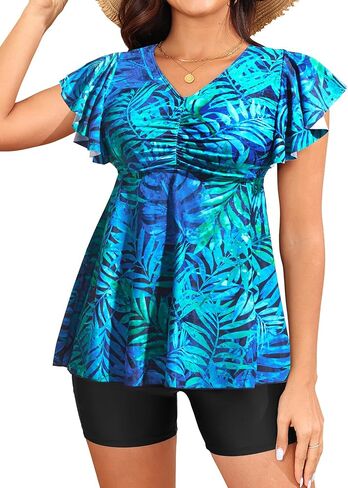 Yonique Women Tankini with Shorts and Pocket Two Piece Swimsuits Ruffle Sleeve Bathing Suit Flowy Swimwear in Saudi Arabia