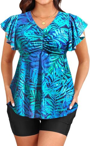 Yonique Women Tankini with Shorts and Pocket Two Piece Swimsuits Ruffle Sleeve Bathing Suit Flowy Swimwear in Saudi Arabia